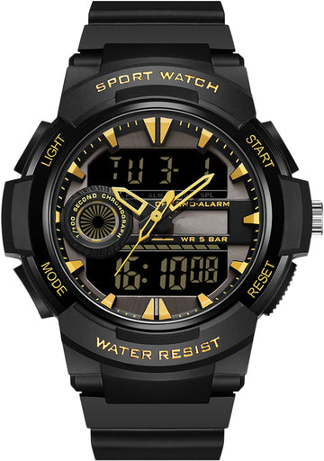 Findtime Men Analog Digital Sports Watch, Large Face Dual Display 5ATM Waterproof Stopwatch for Men Military Outdoor Tactical Army Wristwatch LED 12/24H